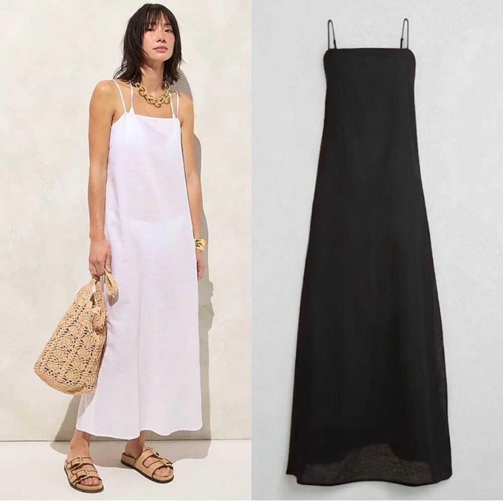 J. Crew Linen-Cotton Blend Tie-Back Midi Dress | Black XL